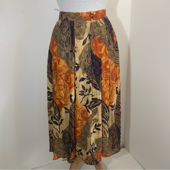 014 Libra Midi Skirt Pleated Vintage Lined Brown Orange Beige Mix Floral UK 12 - Picture 7 of 14